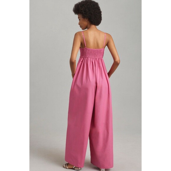 Anthropologie Hutch Jumpsuit Pink Poplin Bow Preppy Boho Retro Vacay Large NWT - Picture 3 of 12